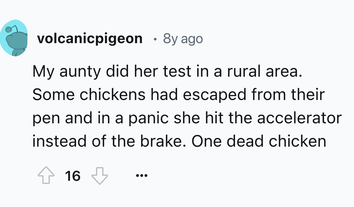 number - volcanicpigeon 8y ago My aunty did her test in a rural area. Some chickens had escaped from their pen and in a panic she hit the accelerator instead of the brake. One dead chicken 16